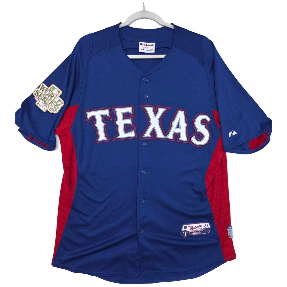 Texas Rangers Jersey Mens XL Blue MLB Baseball Majestic 2011 World Series Patch